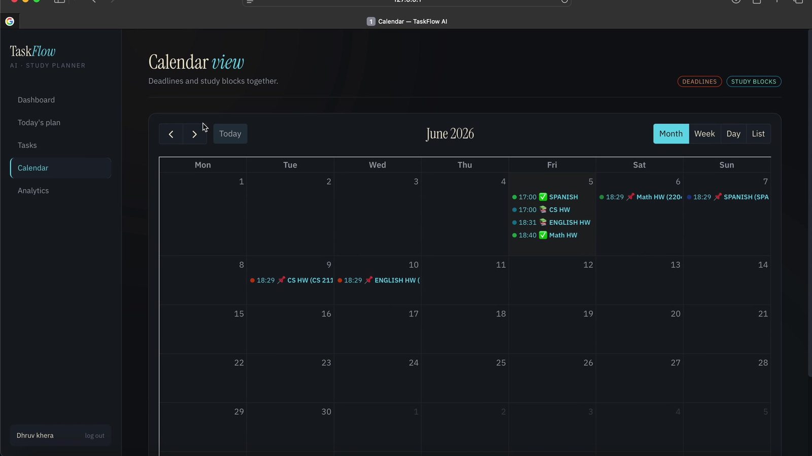 TaskFlow AI calendar view