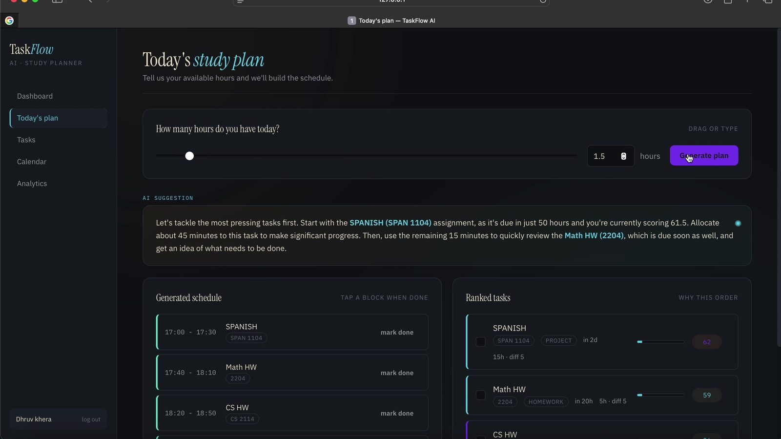 TaskFlow AI study plan generator